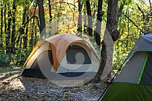 morning light shining on edge of tent in woods on crisp fall morning