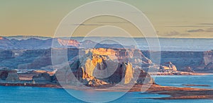 The morning light striking the cliffs of Utahâ€™s Grand Staircase-Escalante National Monument with Lake Powell