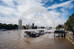 Morning. London eye, County Hall, Westminster Bridge, Big Ben and Houses of Parliament