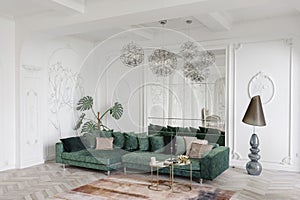 Morning in luxurious light interior in hotel. Bright and clean interior design of a luxury living room with parquet wood