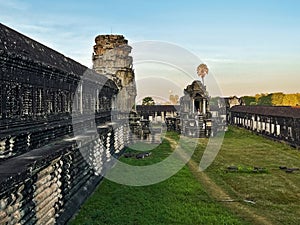 Morning Majesty and air balloon at sunrise at Angkor Wat Complex, Siem Reap, Cambodia