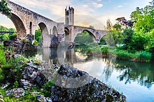 Morning at the Medieval bridge of the Besalu Catalonia, Spain