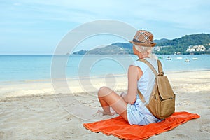 Morning Meditation at beach. Woman Hiking On Sunrise Beach.