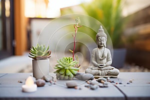 morning meditation on patio with smooth stones and succulents