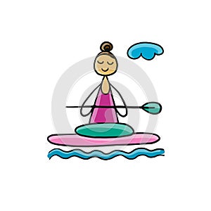 Morning meditation. Yoga girl on paddle board, isolated on white. Art icon for your design. Vector illustration