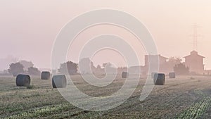 The morning mist of dawn covers the fields of the Tuscan countryside where hay bales lie, Italy