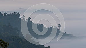 Morning mist at Khao Kho Viewpoint, Chiang Mai Phetchabun. Fog around the mountain. Pan right