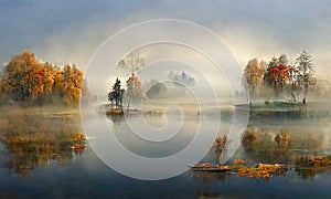 Morning mist at lake  autumn landscape , digital illustration