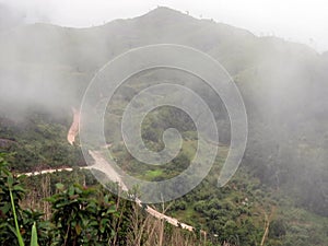 Morning mist landscape of mountain range in the green forest. Natural landscape, Space for text, Selective focus