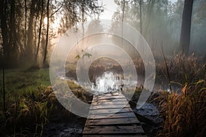 morning mist over duckboards path in forest