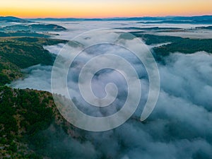 Morning mist over meanders of Uvac river in Serbia