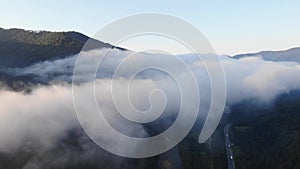 Morning mist over the woods and mountains. Aerial drone landscape of nature. Vehicles on the road