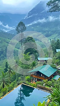 Morning misty montain landscape with villas and pools among green rainforest