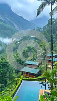 Morning misty montain landscape with villas and pools among green rainforest