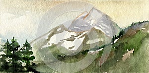 Morning mountain landscape. Cold summer. Snow on the tops of the mountains. Three ate. Watercolor. Illustration