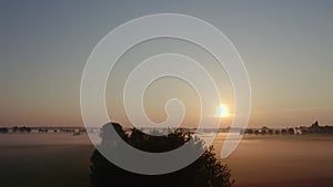 Morning Mystique: Aerial Sunrise Reveals Silhouetted Tree and Sunlit Farm Fields Amidst Glowing Fog