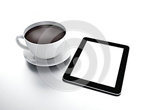 Morning news. Coffee cup with tablet pc on white isolated background