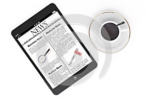 Morning news concept. Modern Tablet pc and cup of coffee