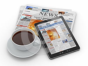 Morning news. Tablet pc, newspaper and cup of coffee