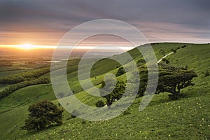 Morning over rolling English countryside landscape in Spring