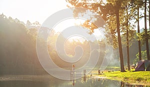 Morning in Pang Ung Lake,North of Thailand, is a tourist place where people come to vacation