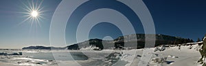 Morning panoramic view of coastal winter scene in Forillon National Park, Canada