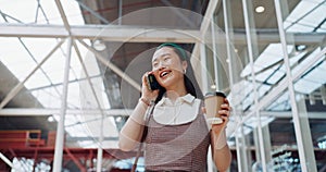 Morning, phone call and coffee of business woman from Japan with communication at a office. Mobile, talking and happy