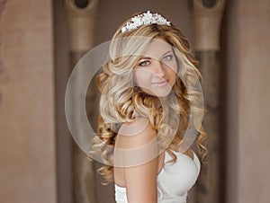 Morning Portrait of beautiful bride. Wedding dress. Wedding deco