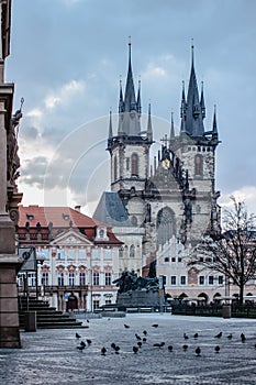 Morning postcard view of empty Old Town Square with Church of Our Lady, Tyn Church,Prague, Czech Republic. Beautiful city centre