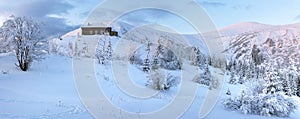 Morning predawn winter mountain panorama (Carpathian, Ukraine).