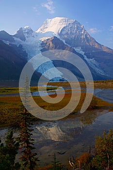 Mount Robson Provincial Park, Morning Reflection of Mount Robson at the End of Berg Lake, British Columbia, Canada photo