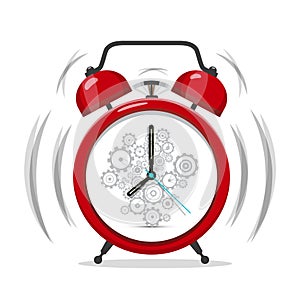 Morning Ringing Red Alarm Clock Icon with Cogs.