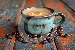 Morning ritual: a cup of coffee and coffee beans on an old table