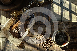 morning ritual with a vintage grinder, fresh coffee beans, and an antique cup under warm sunlight