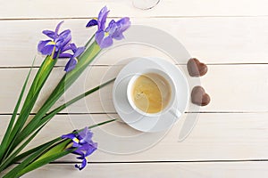 morning romantic Breakfast coffee mug, chocolate heart and flowers iris