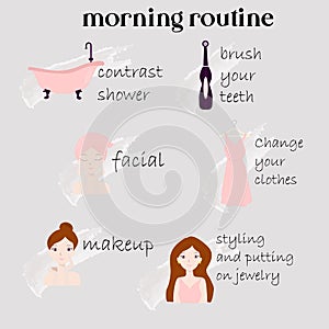 Morning routine. How to get ready in the morning. A girl\'s morning. Makeup. Washing. Beauty. infographi