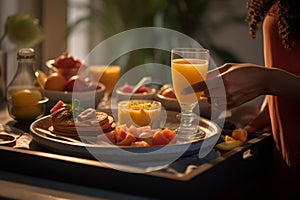 A morning routine scene with a person holding a tray of breakfast items, featuring a prominently placed glass of orange juice,