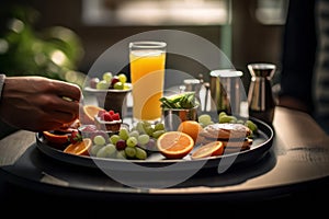 A morning routine scene with a person holding a tray of breakfast items, featuring a prominently placed glass of orange juice,