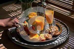 A morning routine scene with a person holding a tray of breakfast items, featuring a prominently placed glass of orange juice,