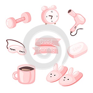 Morning routine stickers set in doodle style. Morning habits cartoon vector elements.