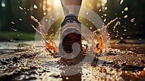 Morning Run in Nature\'s Embrace. Runner\'s Feet Through Forest Puddles at Sunrise. Generative AI