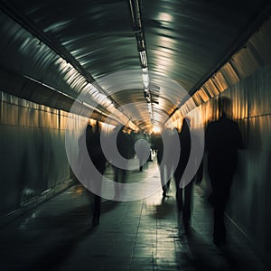 Morning rush Commuters hustling through the railway tunnel to work