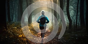 Morning Rush Woman Trail Running through Sunlit Forest Trail. Generative AI