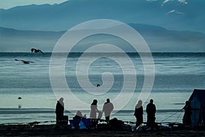 Morning scene of pilgrims campsite on northern bank of Lake Manasarovar,