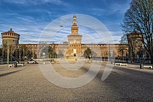 Morning scene of Sforzesco Castle in Milan