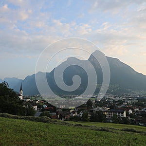 Morning scene in St Gallen Canton. Towns Wangs and Sargans. Mountains