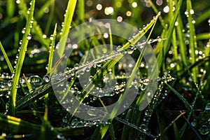 Morning Serenity: A Macro View of Dew Drops on Blades of Grass