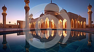 Morning Serenity: A Mosque Pool Reflecting Ramadans Holiness and Moons Radiance