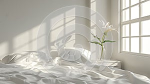 Morning serenity in white bedroom. Generative AI