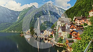 Morning shot of Hallstatt - beauty of Alps, Austria. Picturesque lakeside houses and mountains. One of the most